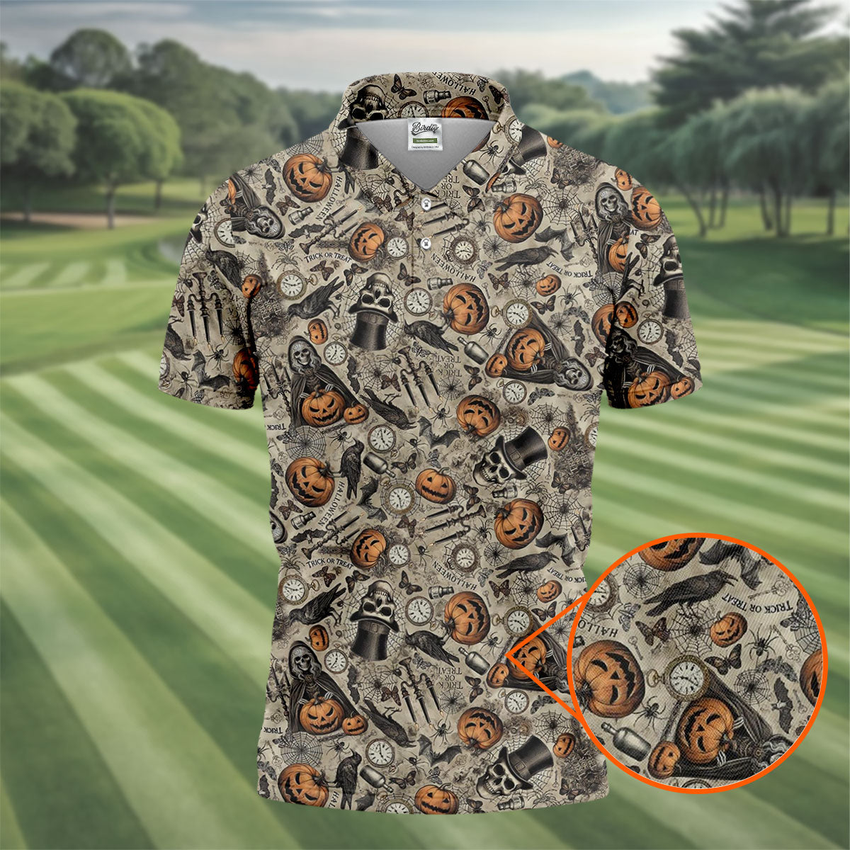 Vintage Pumpkin Skull Halloween Golf Shirt, Golf Shirts For Men, Golf Apparel For Men