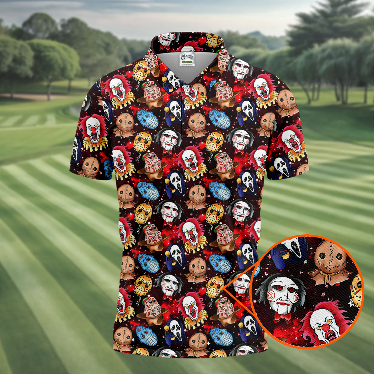 Red Galaxy Horror Character Pattern Halloween Golf Shirt, Ladies Golf Shirts, Women’s Golf Apparel