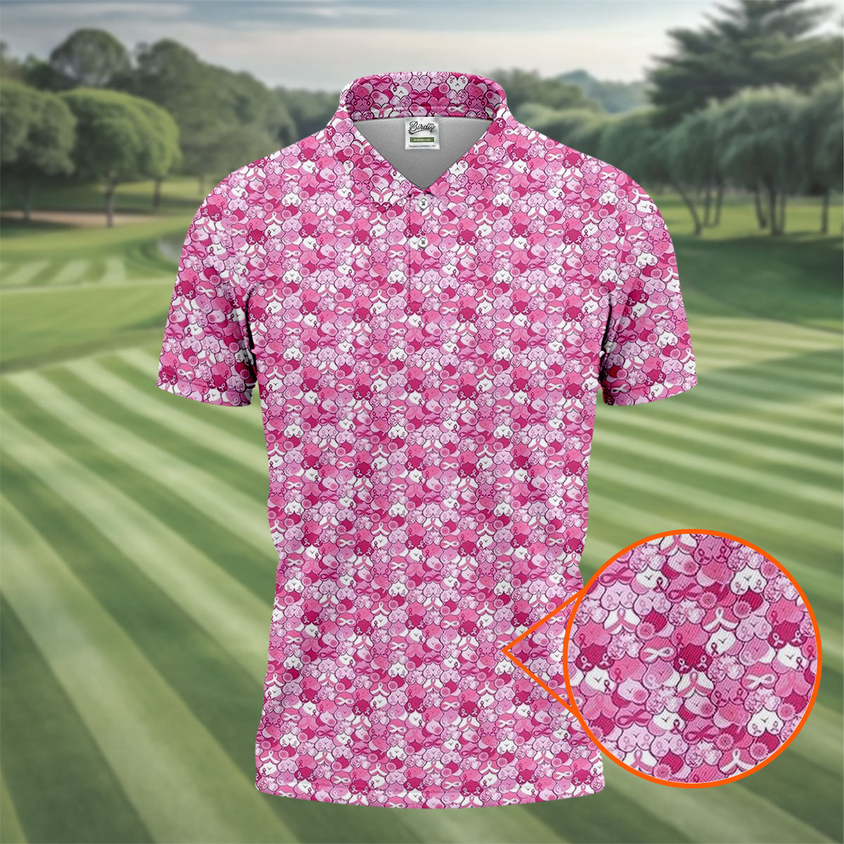 Pink Breast Cancer Hearts And Ribbons Polo Shirt, Golf Shirts For Men, Mens Golf Polo