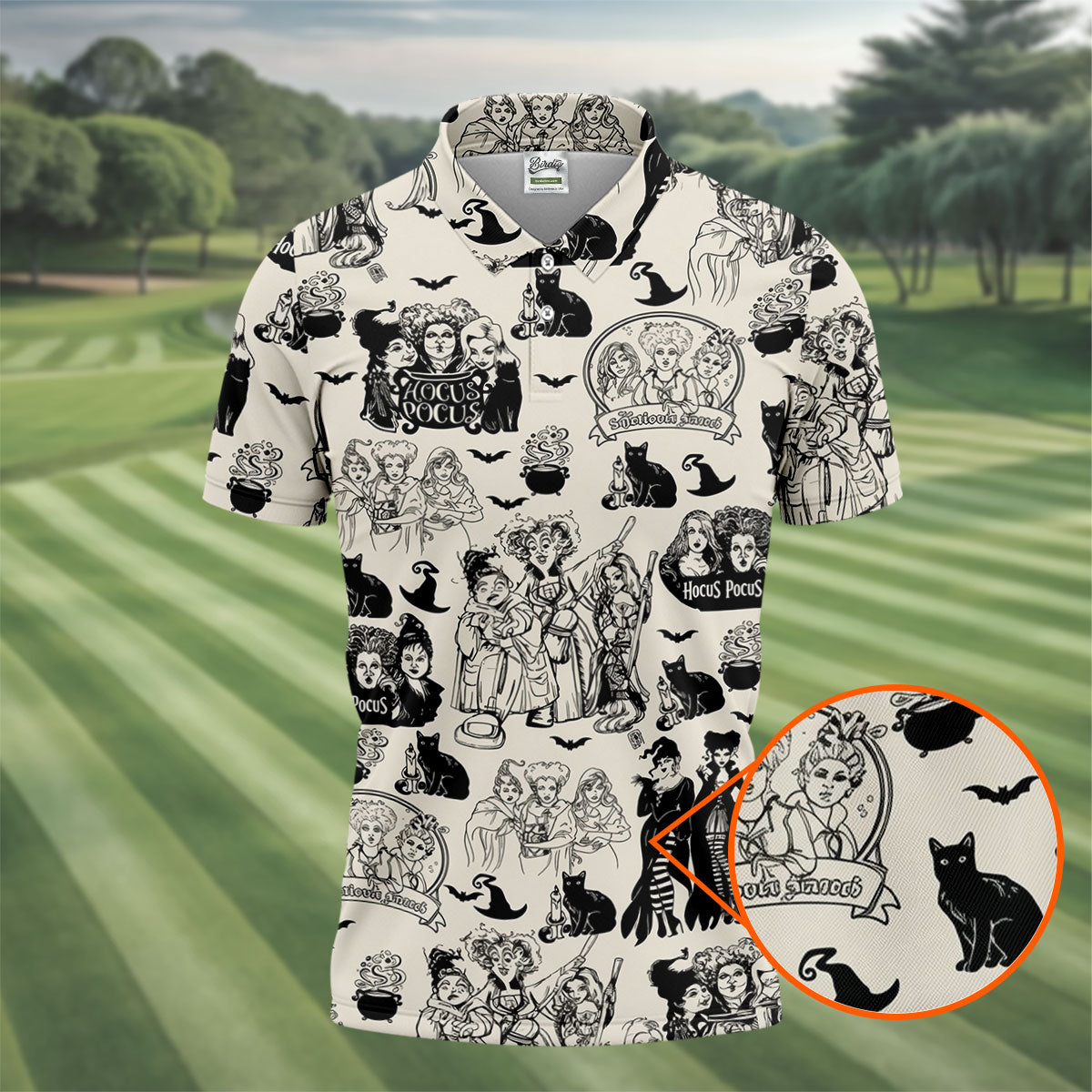 Witch Sisters Black Cat Halloween Polo Shirt, Golf Polo Shirts For Men, Mens Golf Apparel