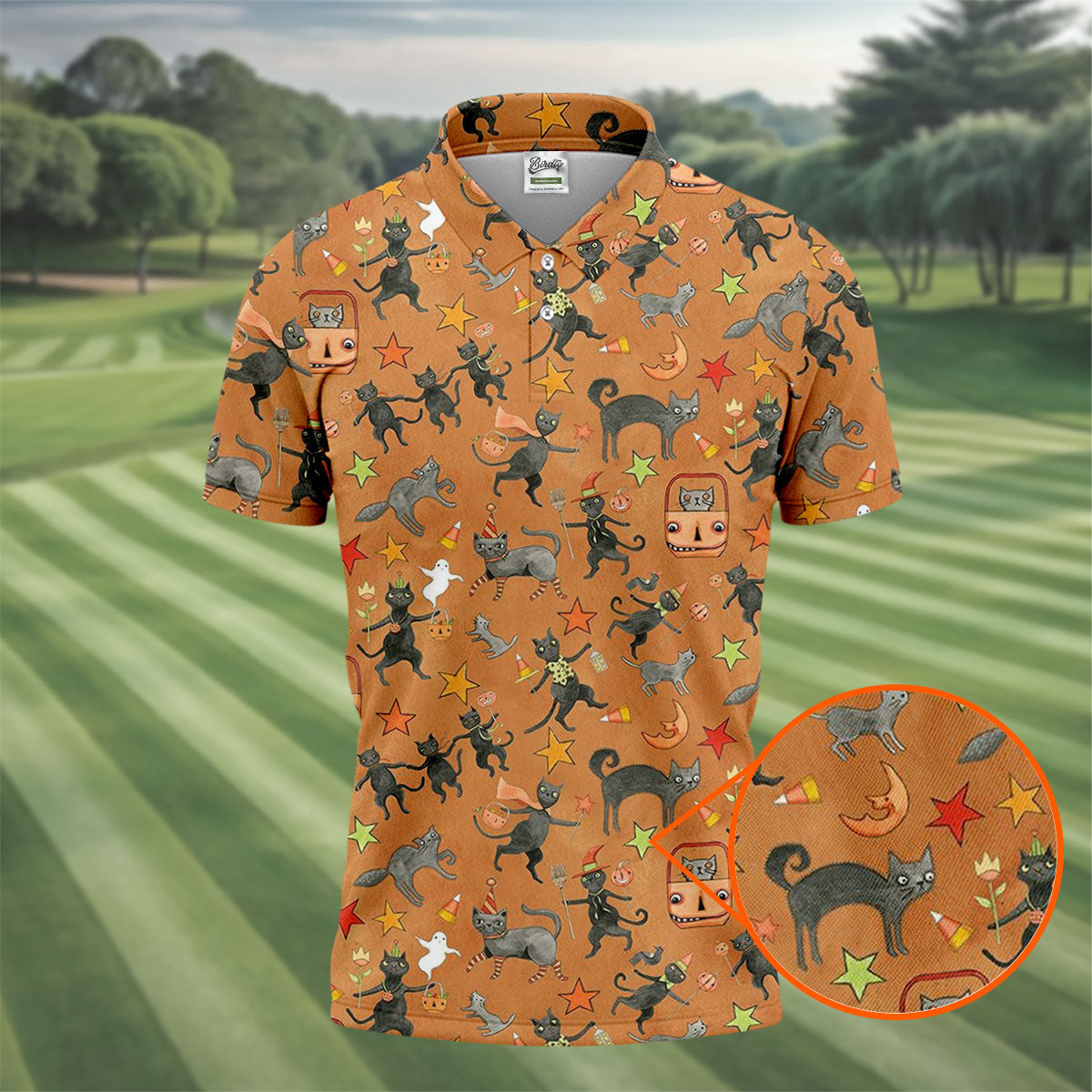 Vintage Black Cat Halloween Pattern Polo Shirt, Mens Golf Polo, Golf Apparel For Men