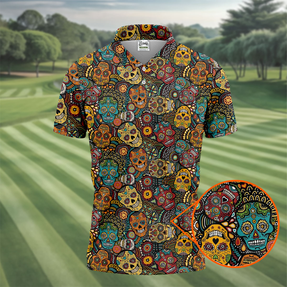 Colorful Sugar Skull Halloween Polo Shirt, Golf Shirts For Men, Golf Apparel For Men