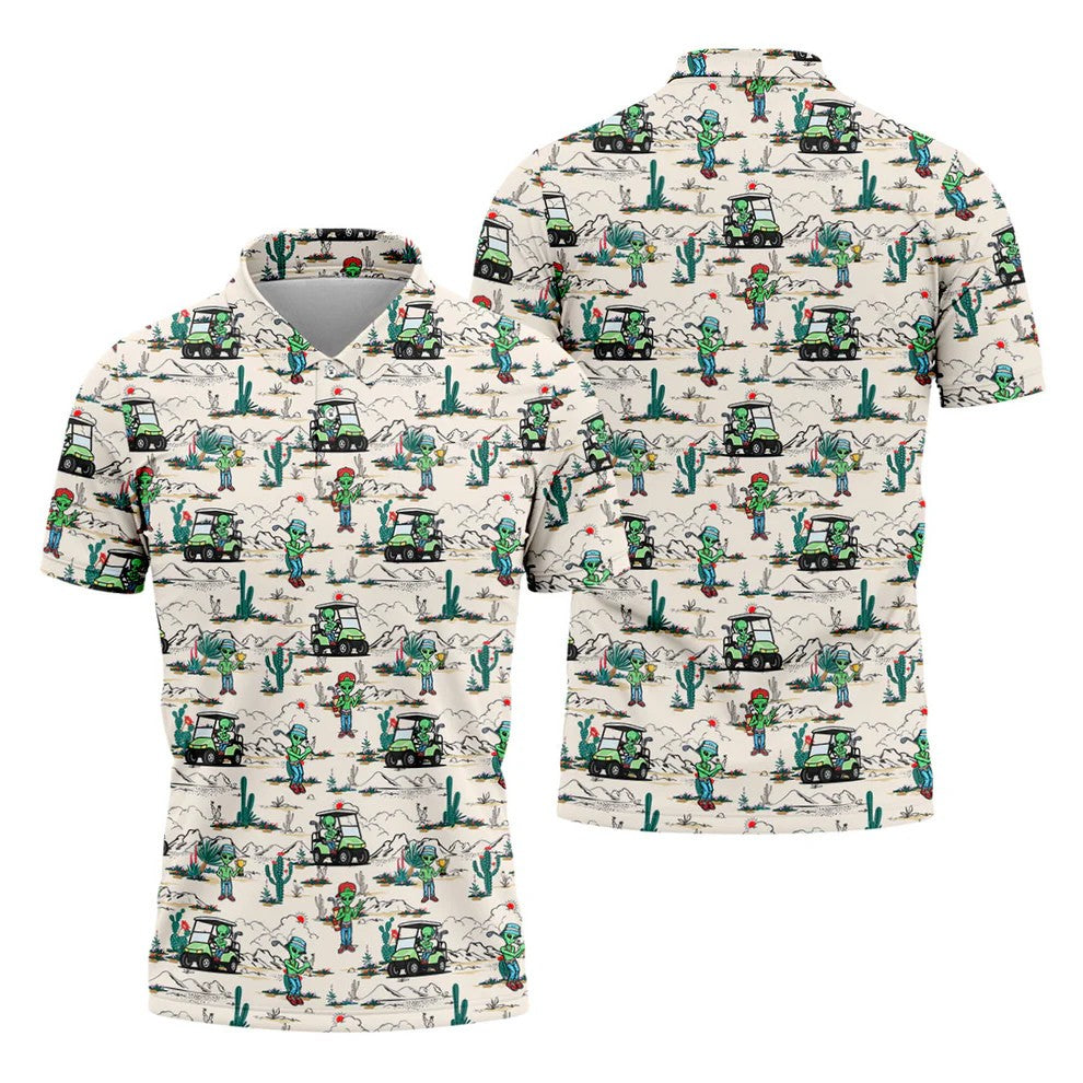 Beige Alien Desert Golf Pattern Golf Polo Shirt, Golf Polo Shirts For Men, Hawaiian Golf Shirt