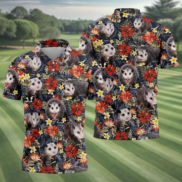 Cute Possums Hibiscus Flowers Golf Polo, Island Foliage Hawaiian Golf Shirt, Golf Tops For Men, Golfing Apparel