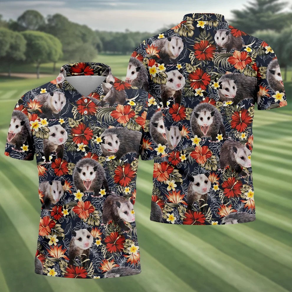 Cute Possums Hibiscus Flowers Golf Polo, Island Foliage Hawaiian Golf Shirt, Golf Tops For Men, Golfing Apparel