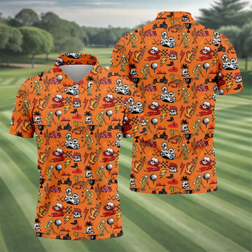 Horror Pattern Orange Halloween Golf Tops For Men, Fun Golf Shirts For Men, Halloween Gift Idea