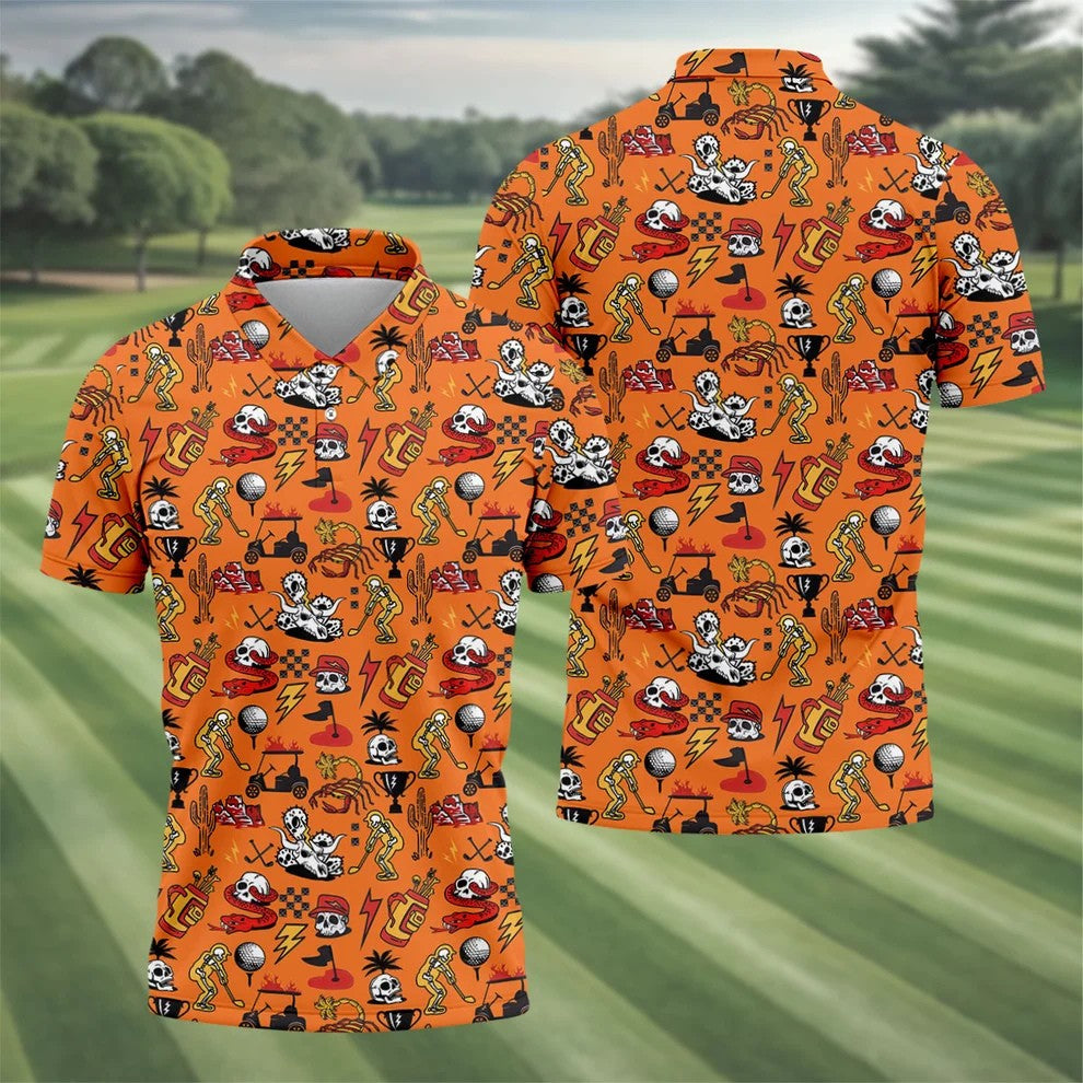 Horror Pattern Orange Halloween Golf Tops For Men, Fun Golf Shirts For Men, Halloween Gift Idea