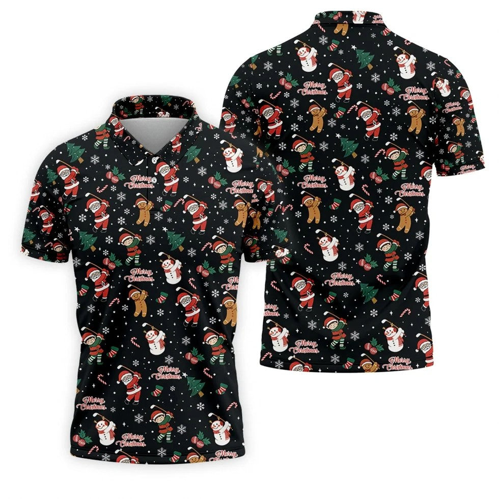 Merry Xmas Santa Gingerbread Snowman Golf Tops For Men, Christmas Golf Shirt, Fun Golf Shirts For Men