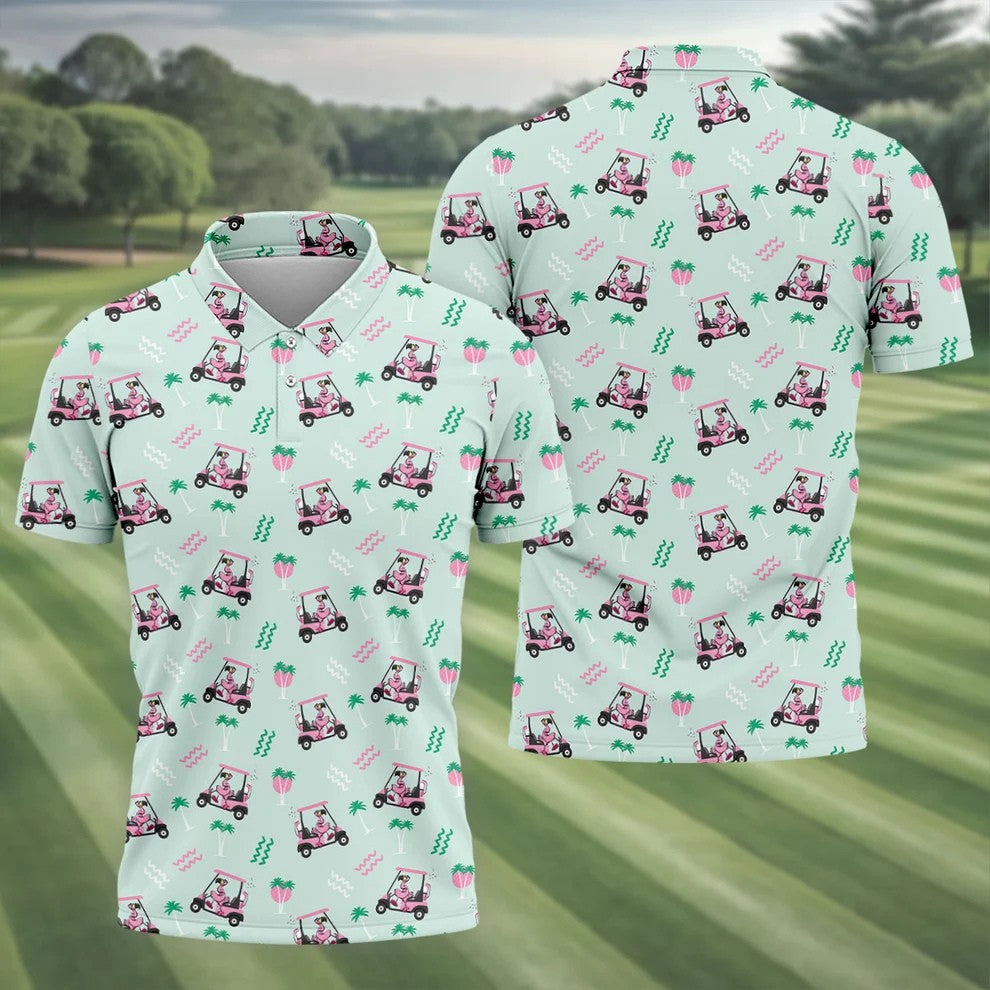 Funny Flamingo Golf Cart Tropical Pattern Polo Shirt, Mens Golf Polo, Golf Apparel For Men