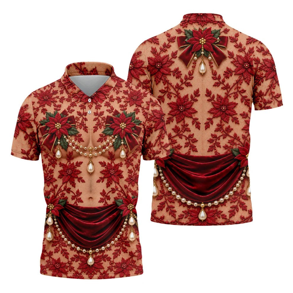 Red Poinsettia Lace Pearls Christmas Golf Shirt, Golf Polo For Men, Mens Golf Polo