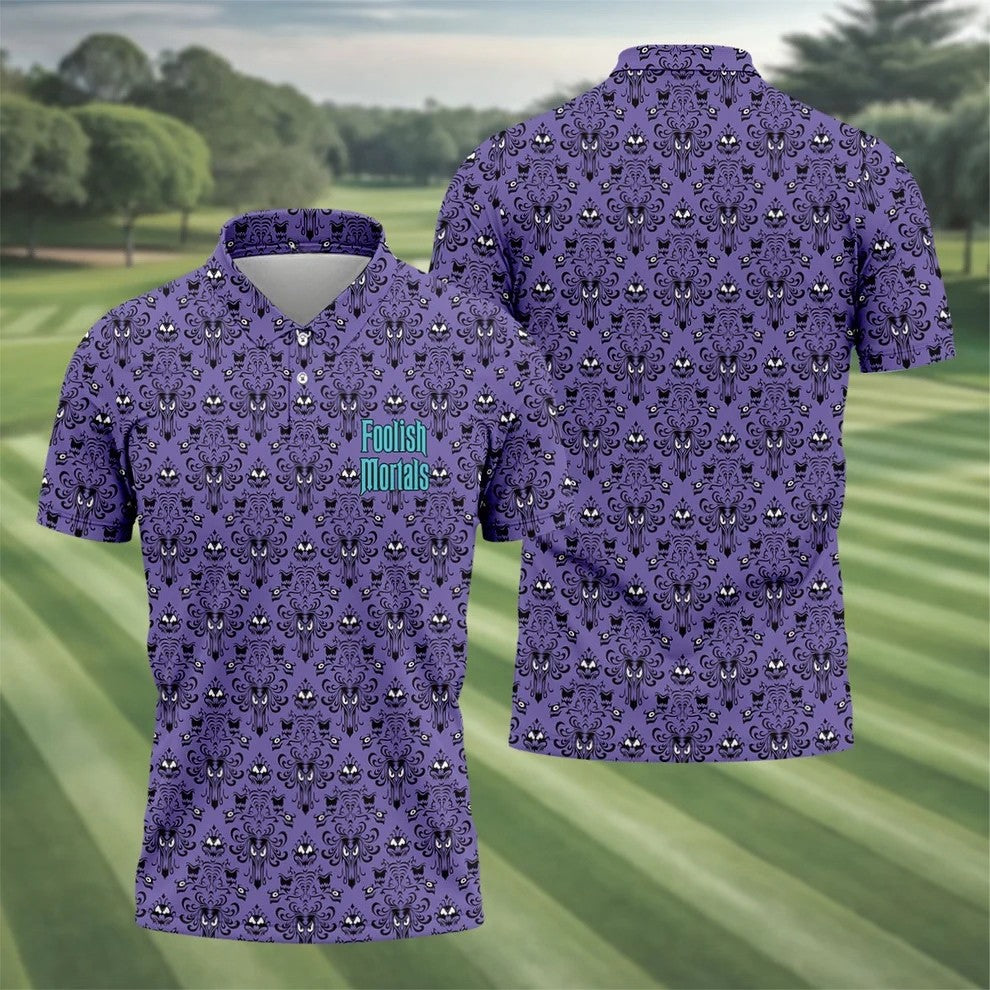 Foolish Mortals Haunted Pattern Golf Polo Shirt, Halloween Shirt For Men, Mens Golf Polo
