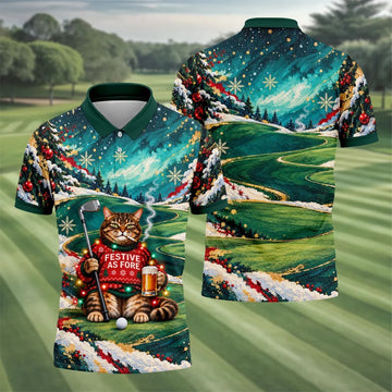 Aurora Cat Beer Christmas Golf Shirt, Mens Golf Shirts, Mens Holiday Golf Shirts