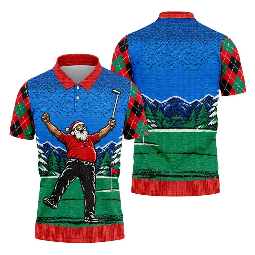Cheering Santa Golf Scene Christmas Golf Shirt, Mens Golf Polo, Golf Shirts For Men