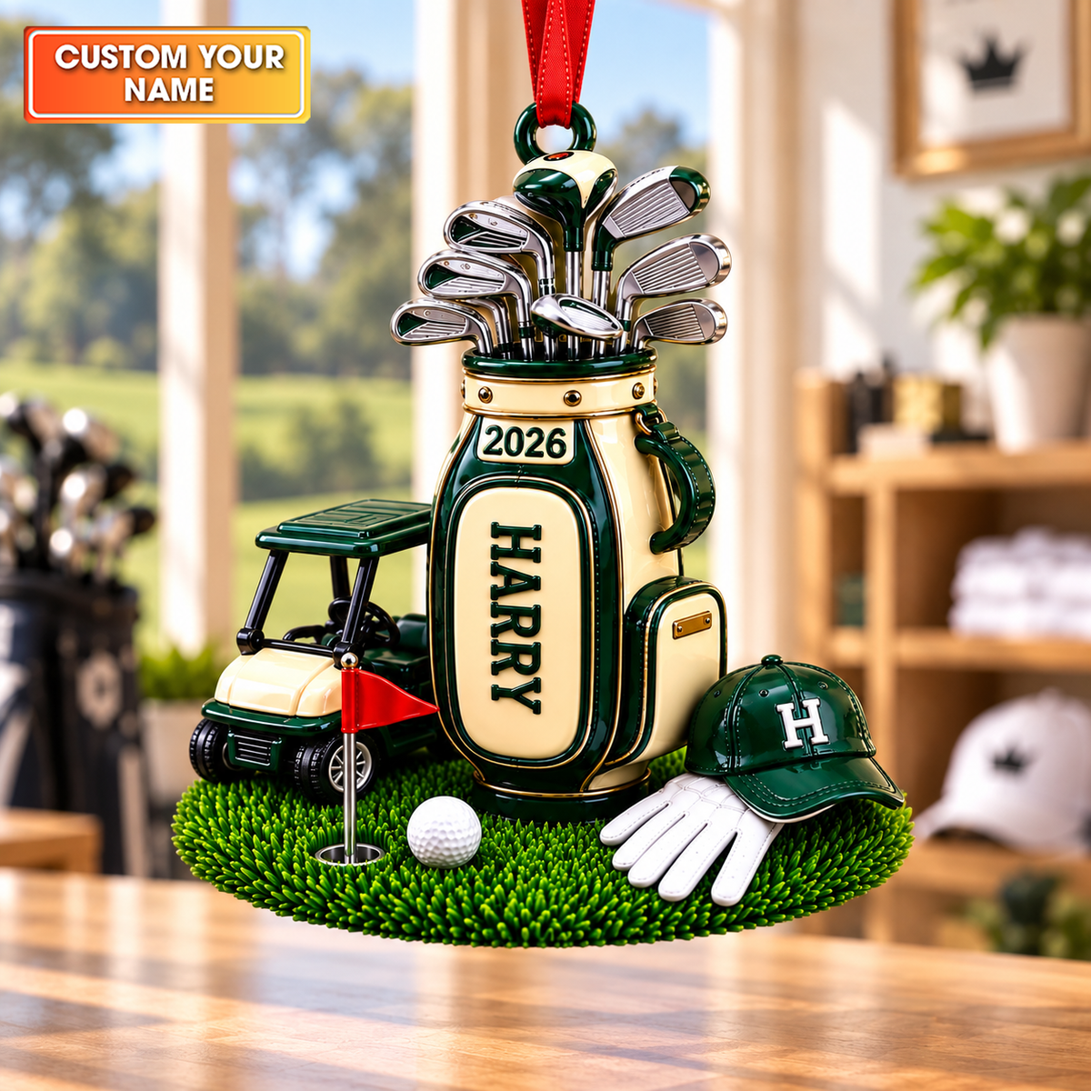 Custom Name Golf Bag Cart Acrylic Ornament, Golf Christmas Gifts, Holiday Ornaments