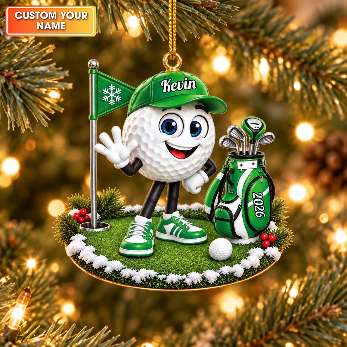 Custom Name Golf Ball And Bag Acrylic Ornament, Personalized Golf Gifts, Xmas Decor
