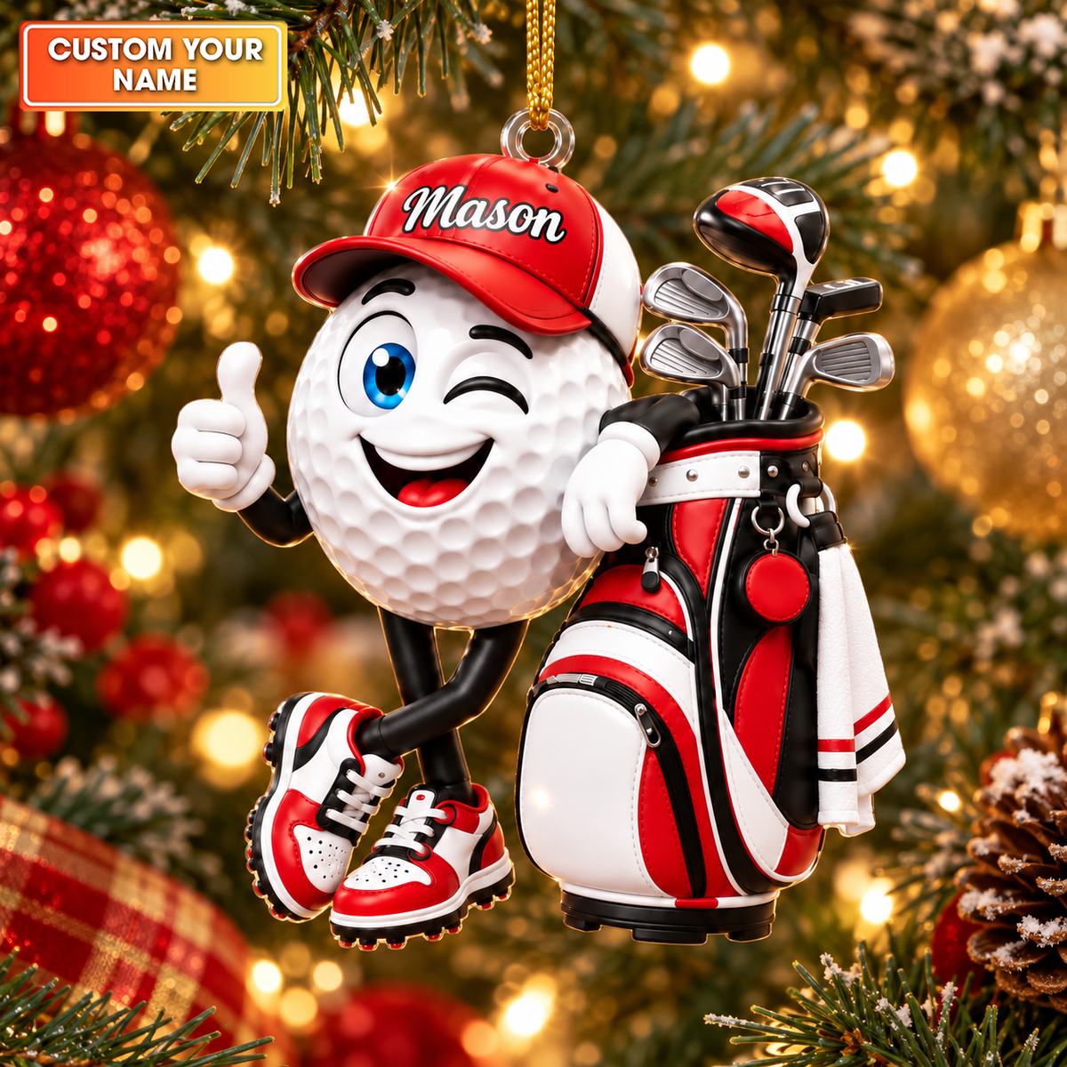 Custom Name Winking Golf Ball And Bag Acrylic Ornament, Golf Gifts, Christmas Decor