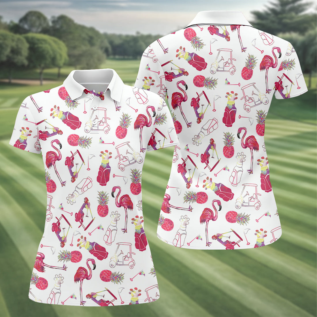 Flamingo Golf Pineapple Funny Womens Golf Polo ShirtCustom Ladies Golf Shirt