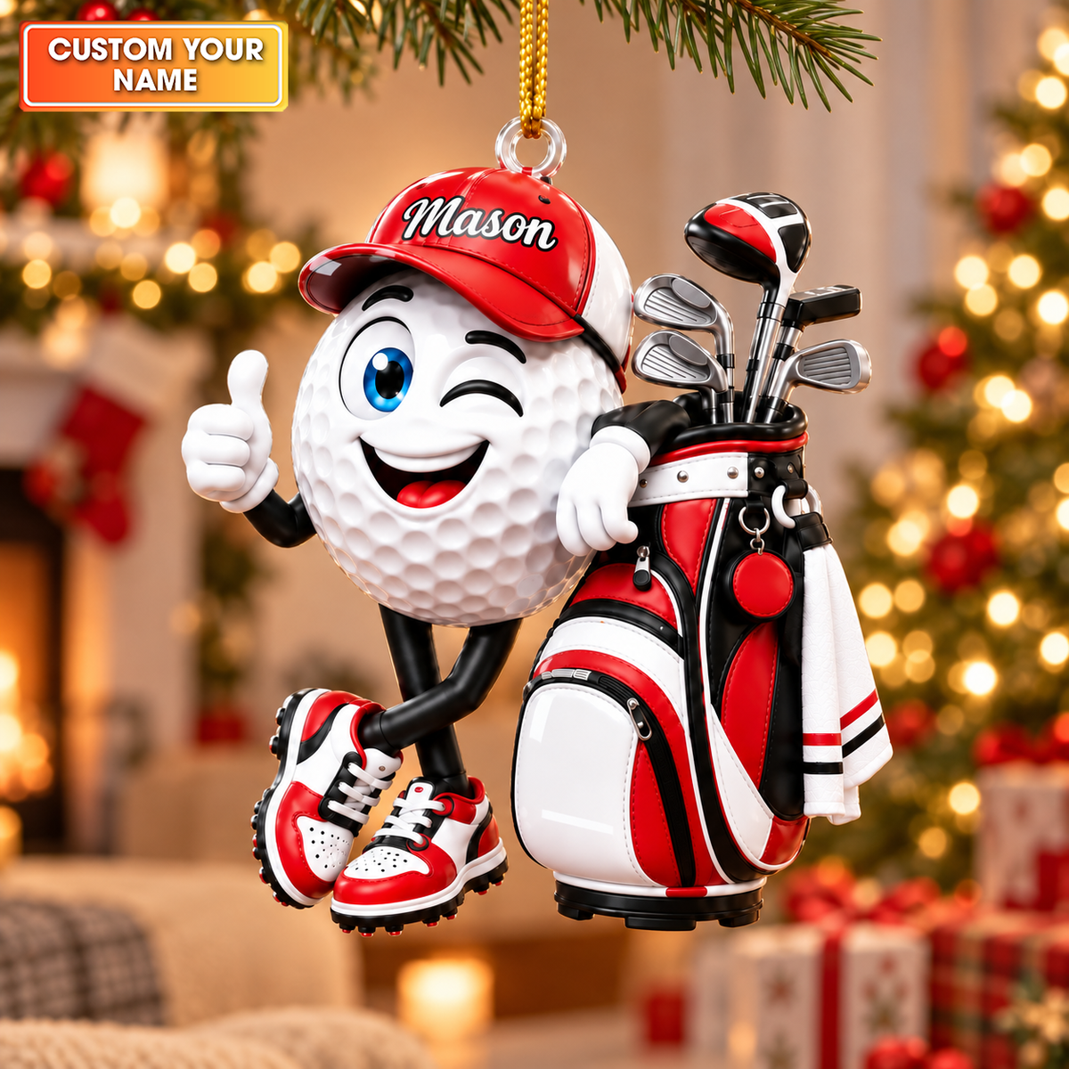 Custom Name Winking Golf Ball And Bag Acrylic Ornament, Golf Gifts, Christmas Decor