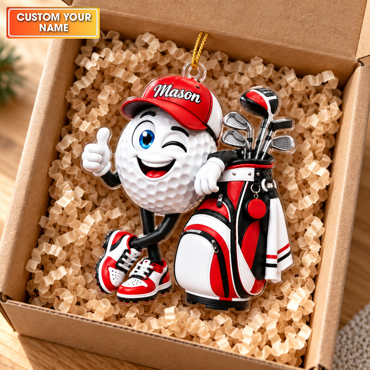 Custom Name Winking Golf Ball And Bag Acrylic Ornament, Golf Gifts, Christmas Decor