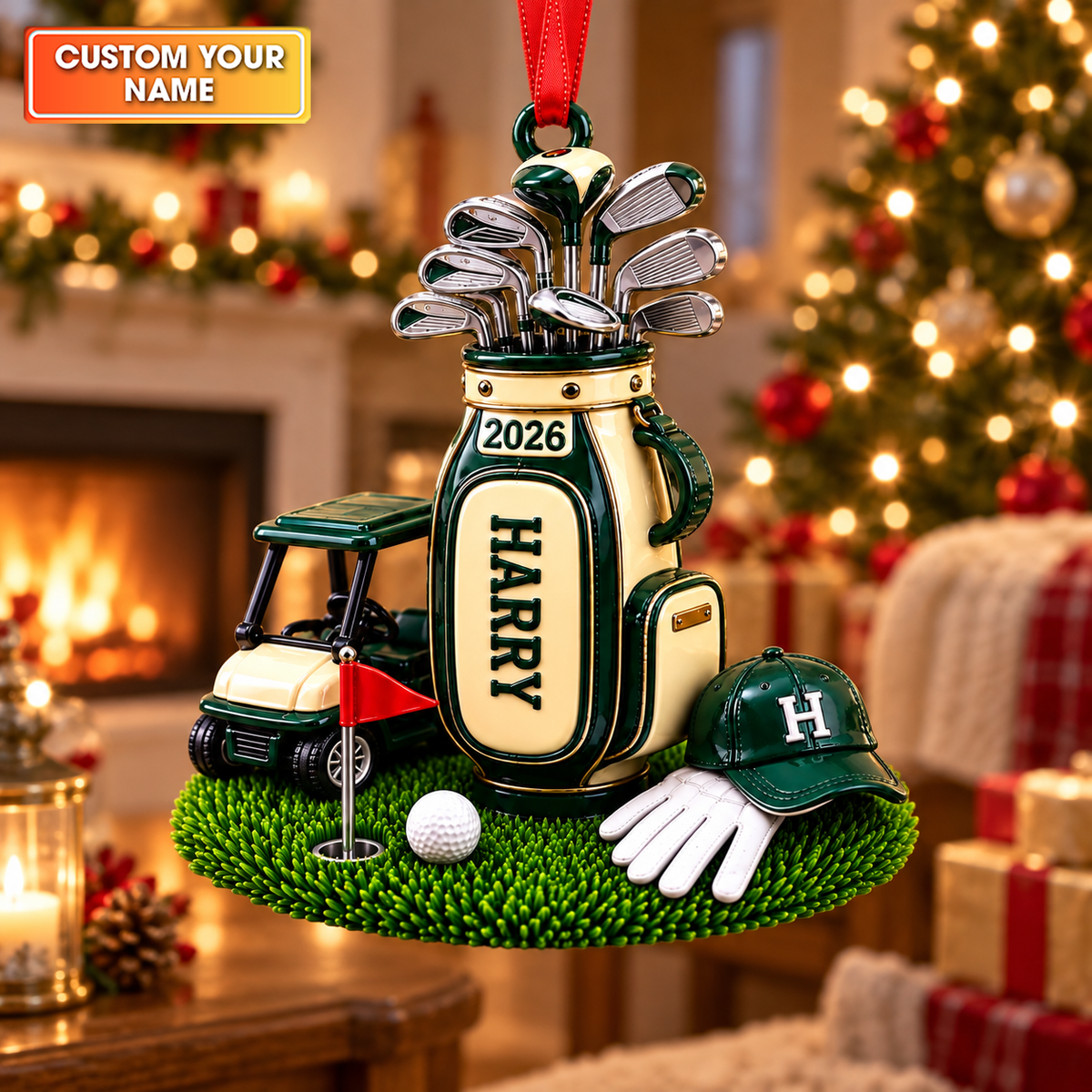 Custom Name Golf Bag Cart Acrylic Ornament, Golf Christmas Gifts, Holiday Ornaments