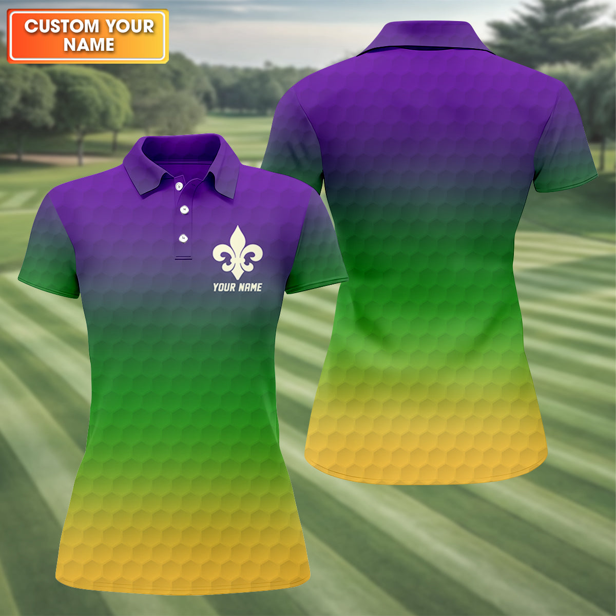Purple Green Gold Golf Ball Pattern Mardi Gras Golf Shirt, Ladies Golf Polos, Golf Shirt For Women