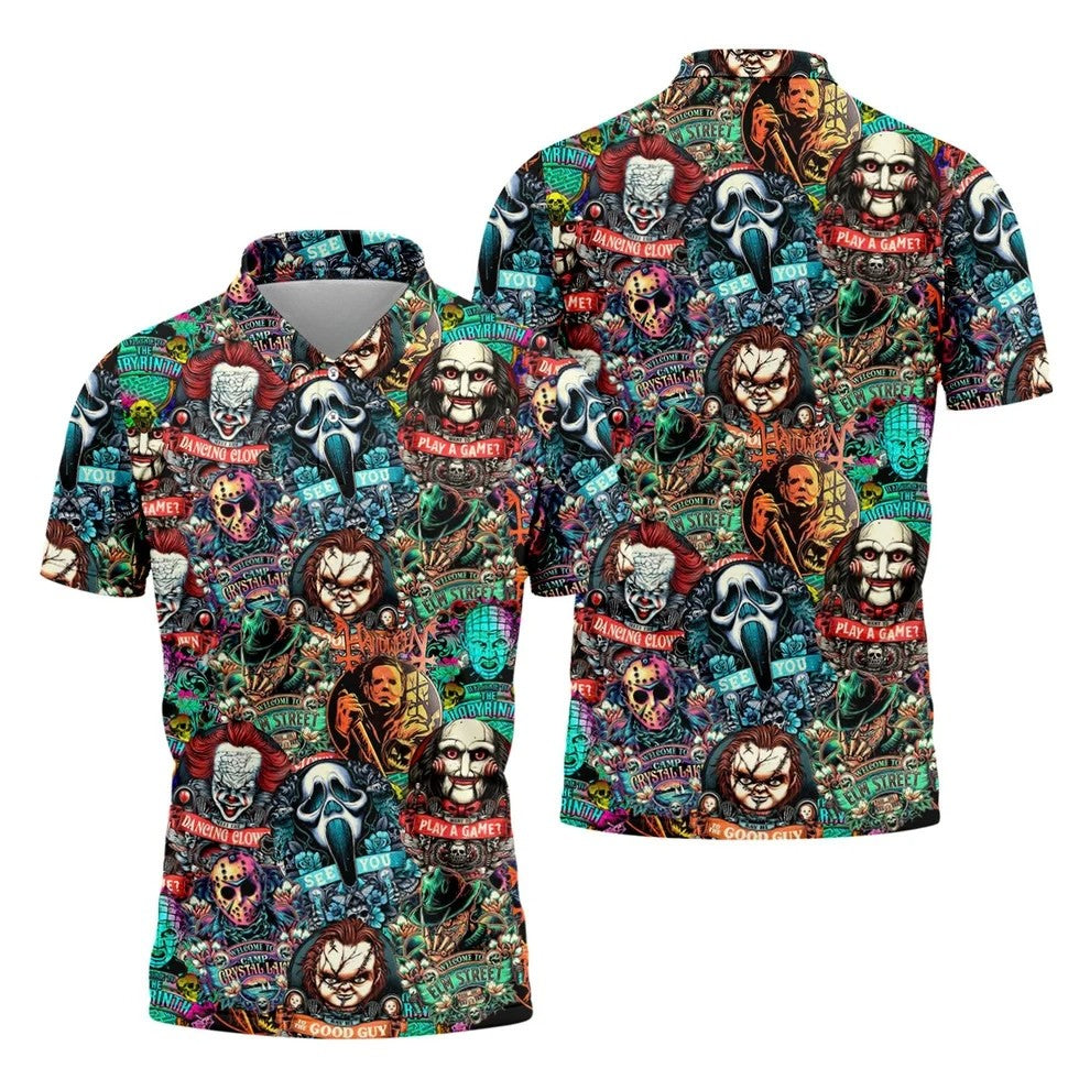 Play A Game Horror Character Golf Polo Shirt, Halloween Shirt For Men, Mens Golf Shirts