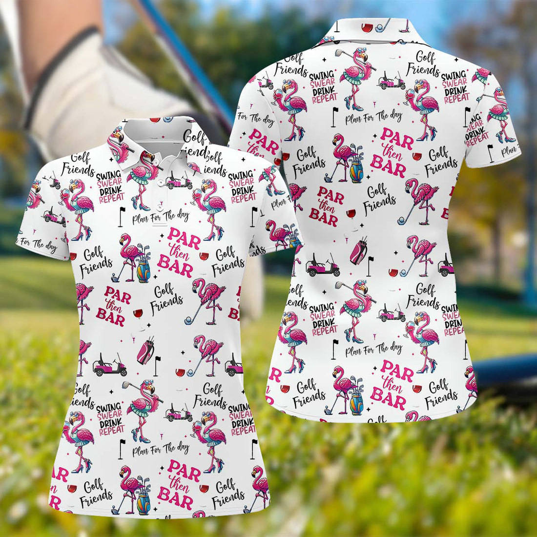 Par Then Bar Flamingo Funny Long Sleeve Polo Womens, Custom Ladies Golf Shirt