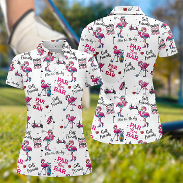 Par Then Bar Flamingo Funny Long Sleeve Polo Womens, Custom Ladies Golf Shirt