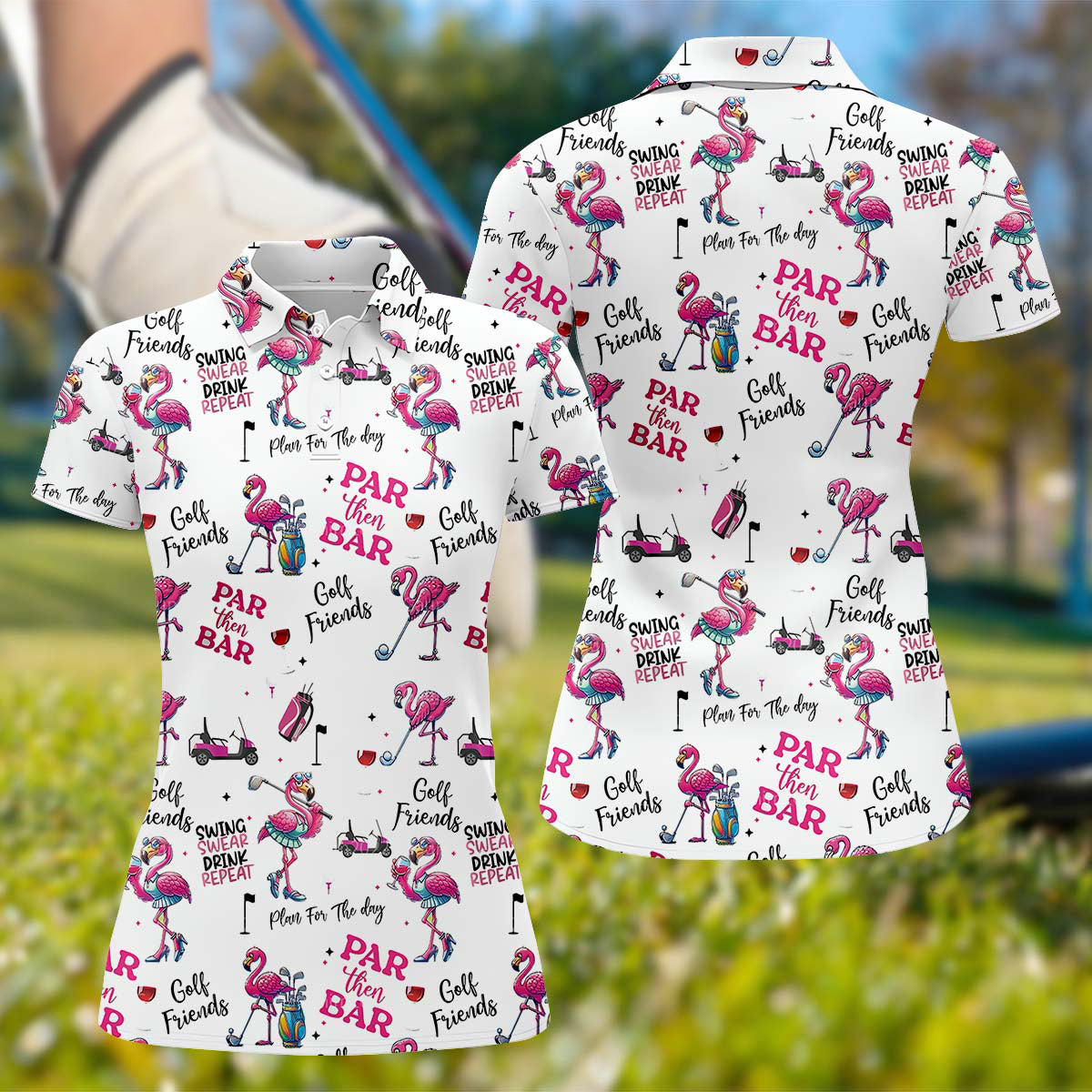 Par Then Bar Flamingo Long Sleeve Polo Womens, Custom Ladies Golf Polos Shirt