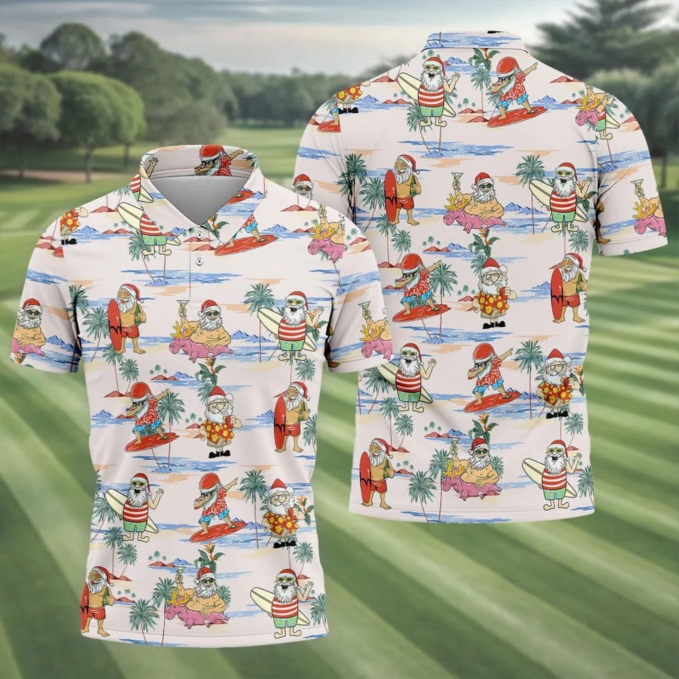 Funny Tropical Santa Christmas Golf Shirt, Men's Golf Shirt, Hawaiian Golf Shirt, Printed Golf Shirts