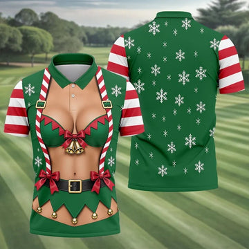 Green Elf Bikini Christmas Golf Polo, Golf Shirts For Men, Long Sleeve Polo Shirts