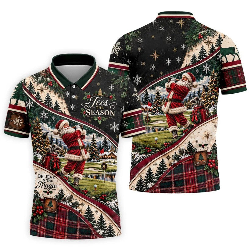Black Plaid Santa Christmas Golf Polo, Golf Shirts For Men, Golf Apparel For Men