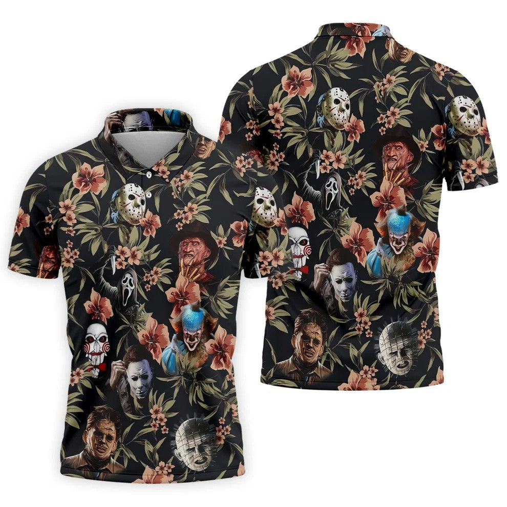 Dark Floral Horror Character Halloween Golf Shirt, Mens Golf Polo, Hawaiian Golf Shirt