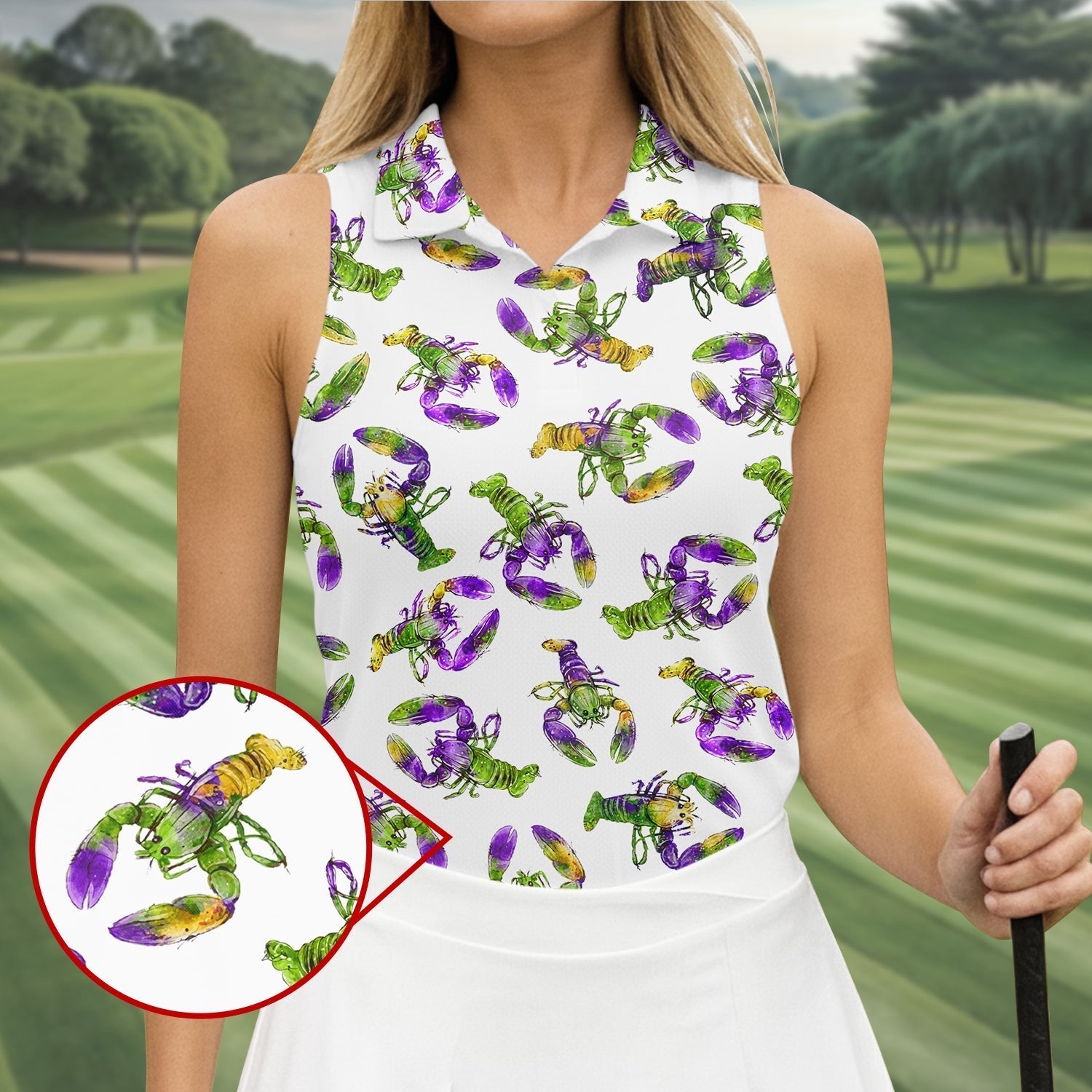 Purple Green Gold Crawfish Pattern Mardi Gras Golf Shirt, Women's Golf Tops, Ladies Golf Polos