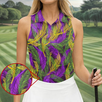 Purple Green Gold Feather Pattern Mardi Gras Golf Shirt, Golf Shirt For Women, Ladies Golf Polos