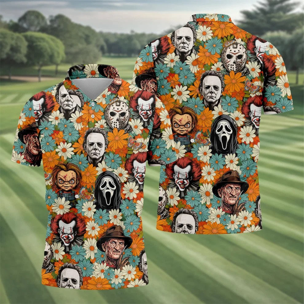 Floral Horror Character Halloween Golf Shirt, Mens Golf Apparel, Hawaiian Golf Shirt