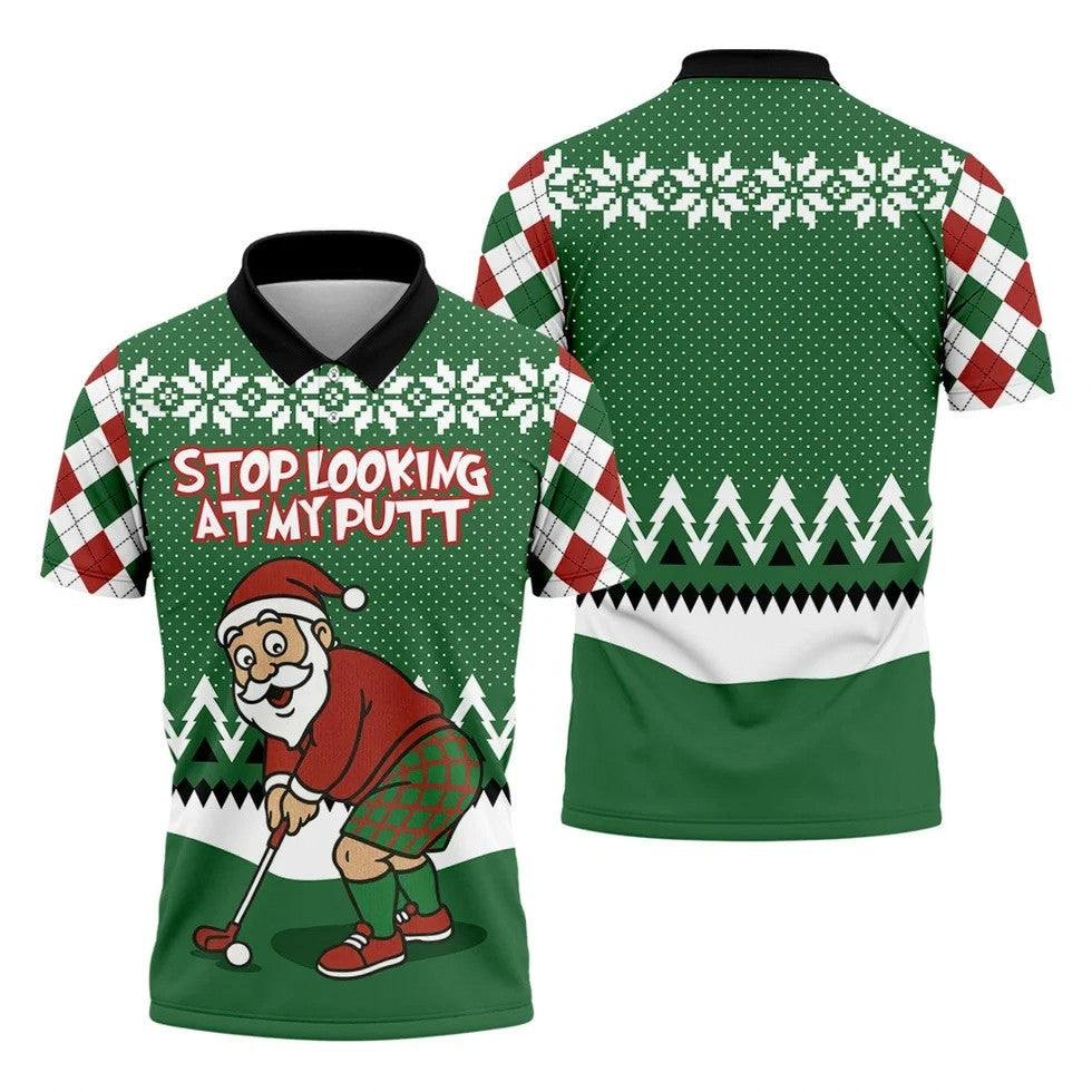 Stop Looking At My Putt Funny Santa Claus Argyle Golf Shirt, Christmas Golf Shirt, Polo Shirts For Men