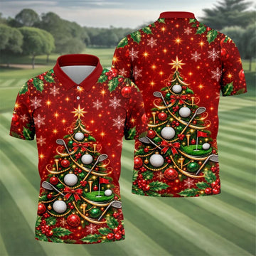 Golf Balls And Clubs Tree Christmas Golf Shirt, Mens Golf Polo, Golf Shirts For Men