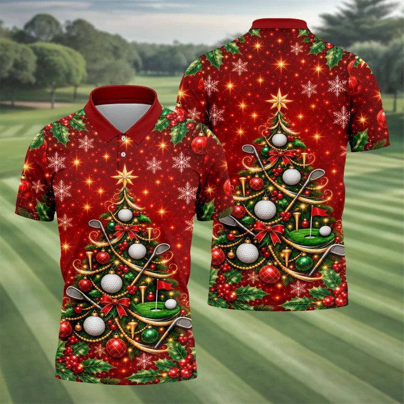 Golf Balls And Clubs Tree Christmas Golf Shirt, Mens Golf Polo, Golf Shirts For Men
