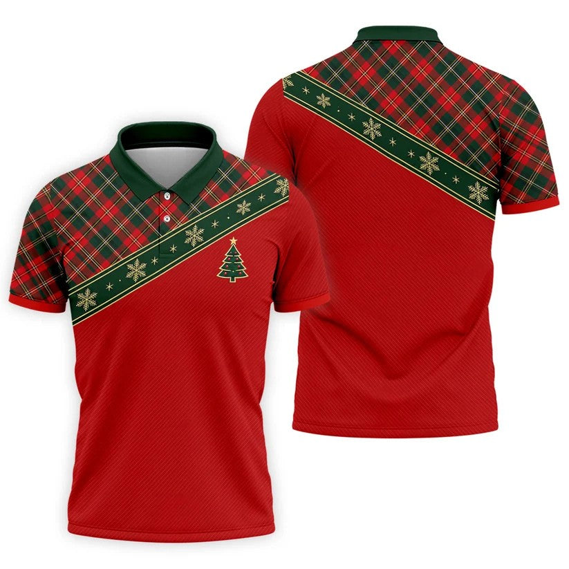 Red Plaid Snowflake Tree Christmas Golf Shirt, Mens Golf Polo, Golf Shirts For Men