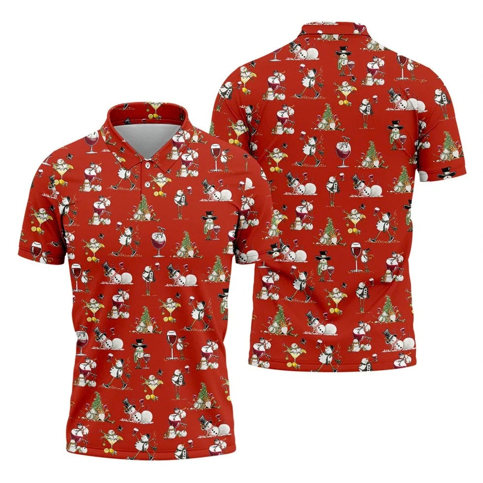 Funny Snowman Drinking Wine Red Golf Shirt, Christmas Golf Shirt, Polo Shirts For Men, Golf Gift For Men