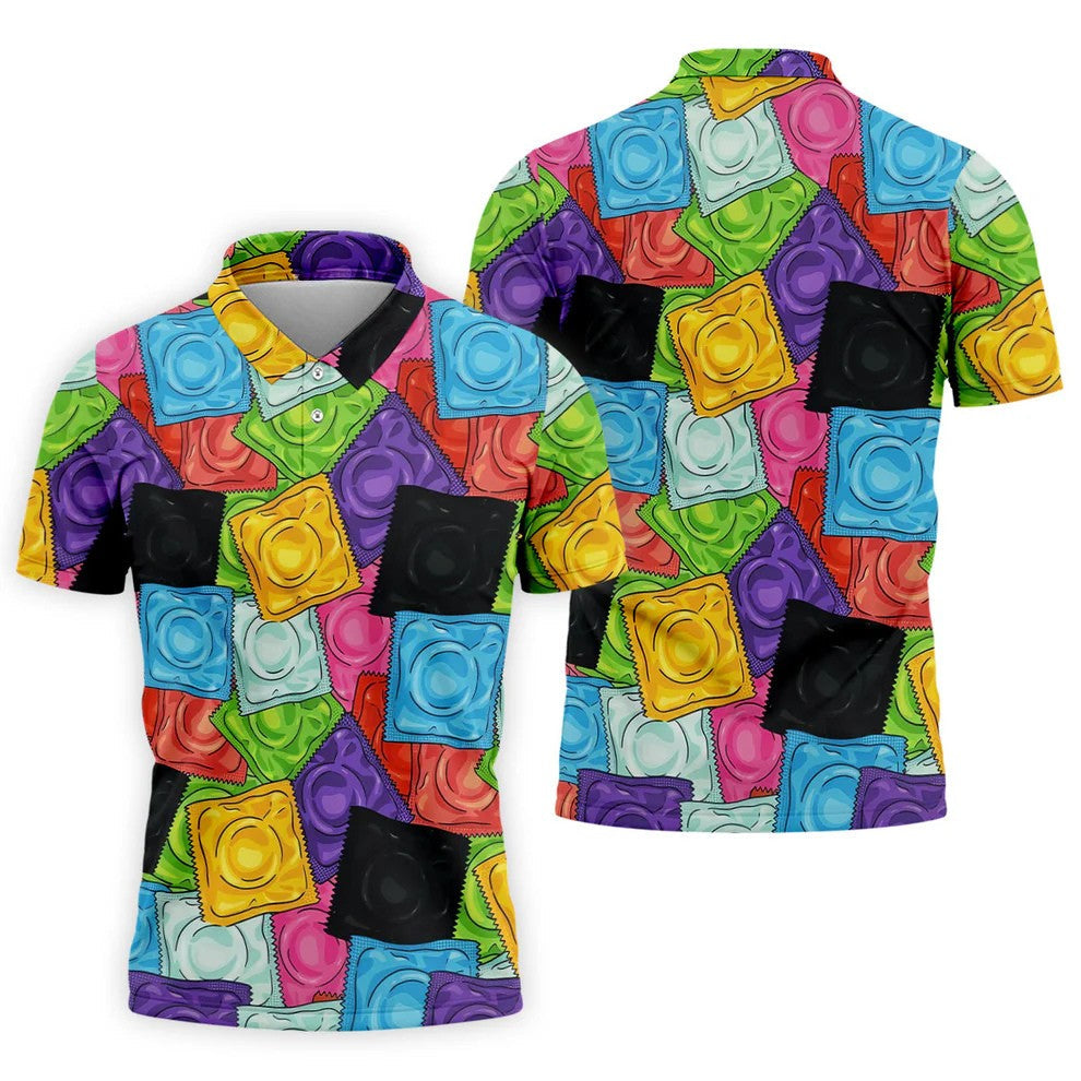 Funny Condom Wrapper Pattern Golf Polo Shirt, Men's Golf Shirts, Novelty Golf Apparel For Men