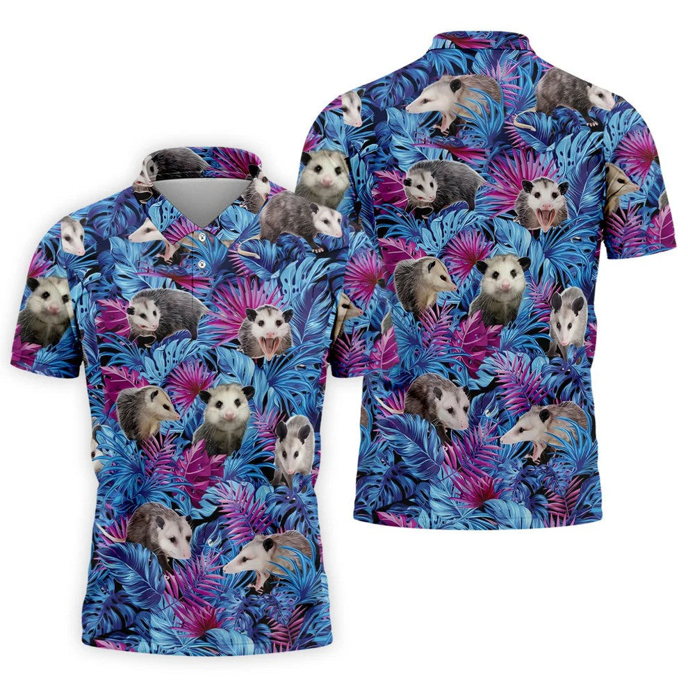 Funny Opossum Blue Purple Hawaiian Golf Shirt, Tropical Theme Golf Shirts For Men