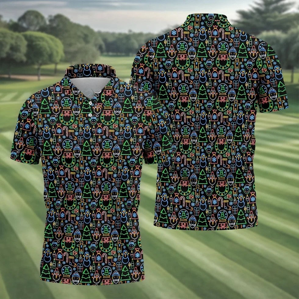 Neon Christmas Retro Style Men's Golf Polo Shirts, Christmas Golf Shirt, Polo Shirts For Men