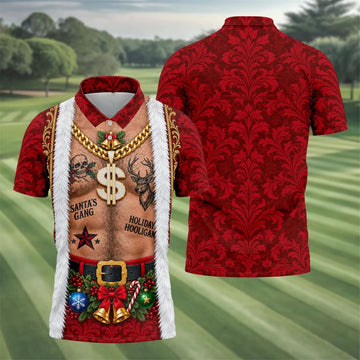 Santa's Gang Hairy Chest Christmas Golf Shirt, Mens Golf Apparel, Golf Gifts For Men