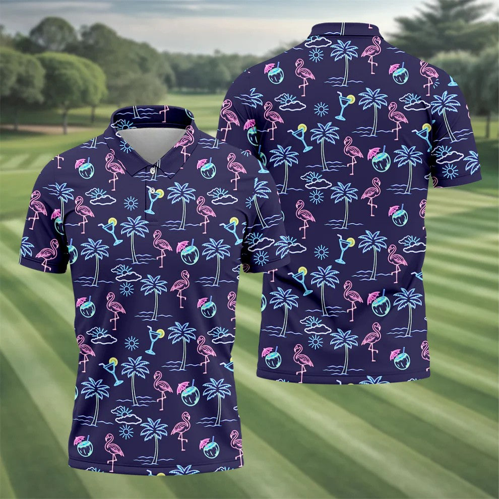Neon Line Tropical Flamingo Hawaiian Golf Shirt, Polo Shirts For Men, Golfing Apparel