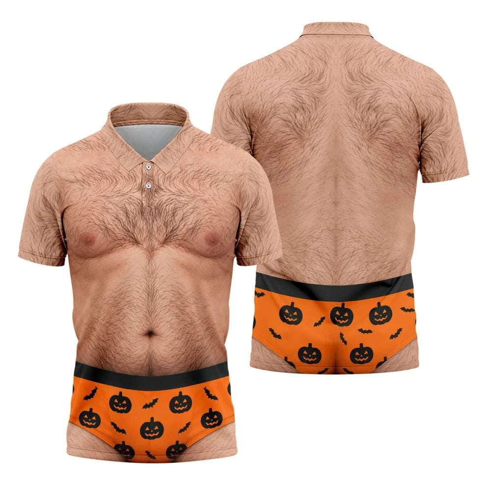 Funny Hairy Chest Halloween Costume Polo Shirt, Golf Shirts For Men, Halloween Golf Shirt