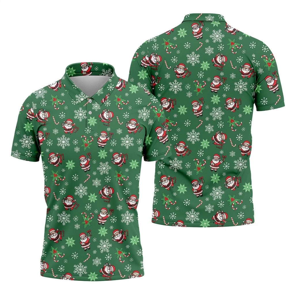 Santa Claus Pattern Christmas Green Golf Tops For Men, Christmas Golf Shirt, Polo ShirtFor Men