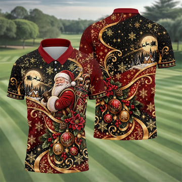 Golden Swirl Santa Golfer Christmas Golf Shirt, Mens Golf Polo, Golf Shirts For Men