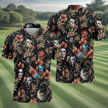 Dark Floral Horror Character Halloween Golf Shirt, Mens Golf Polo, Hawaiian Golf Shirt